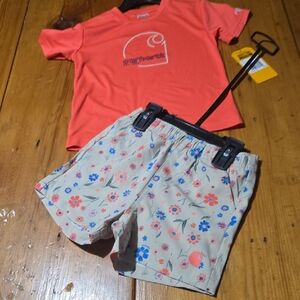 Nwt Carhartt Vibrant Coral Toddler Shirt And Floral Short Sweet Set Sz 3t